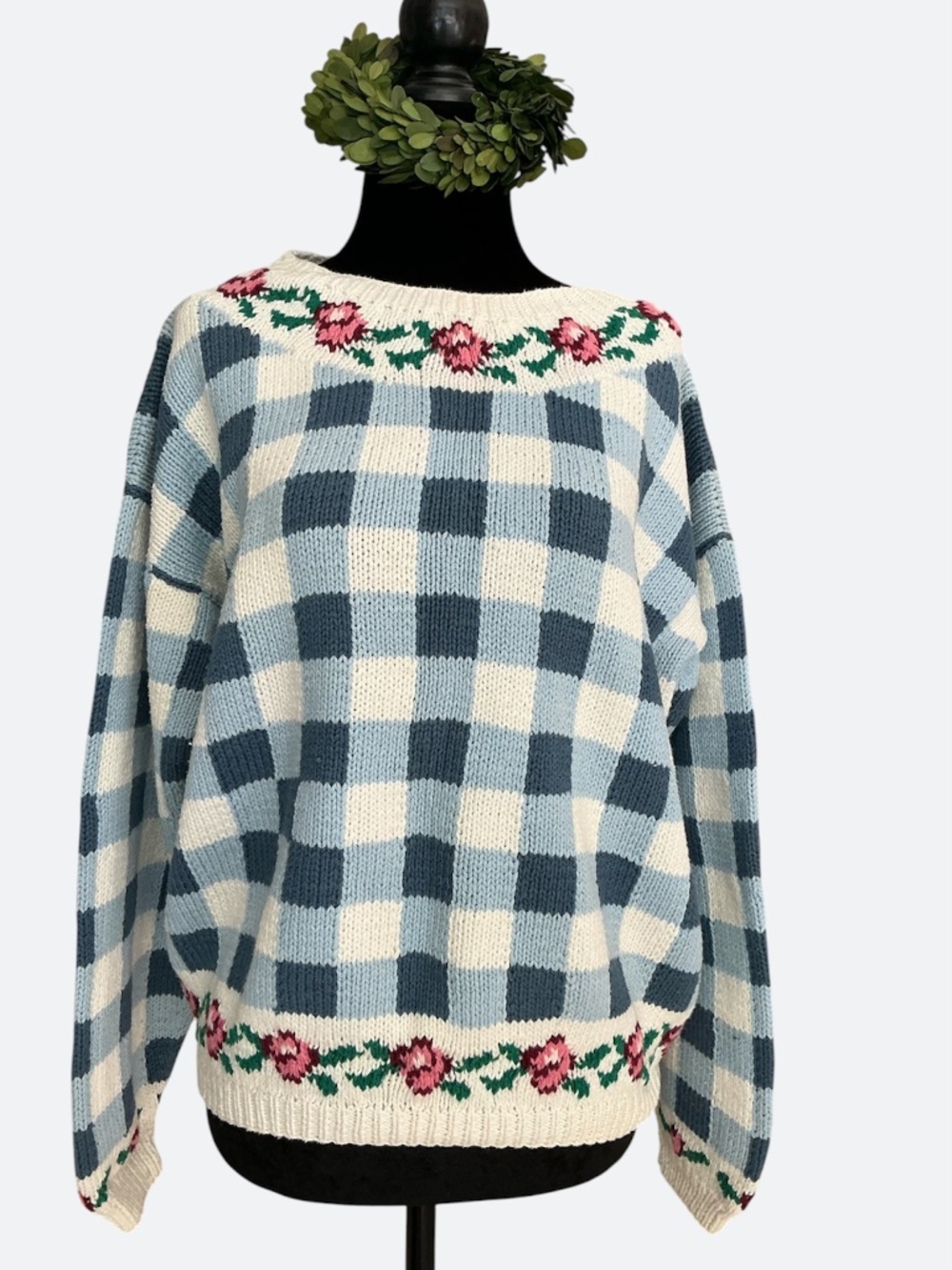 Vintage 90s Nordstrom Chunky Cotton Blue Ivory Gingham Knit Floral Trim Sweater